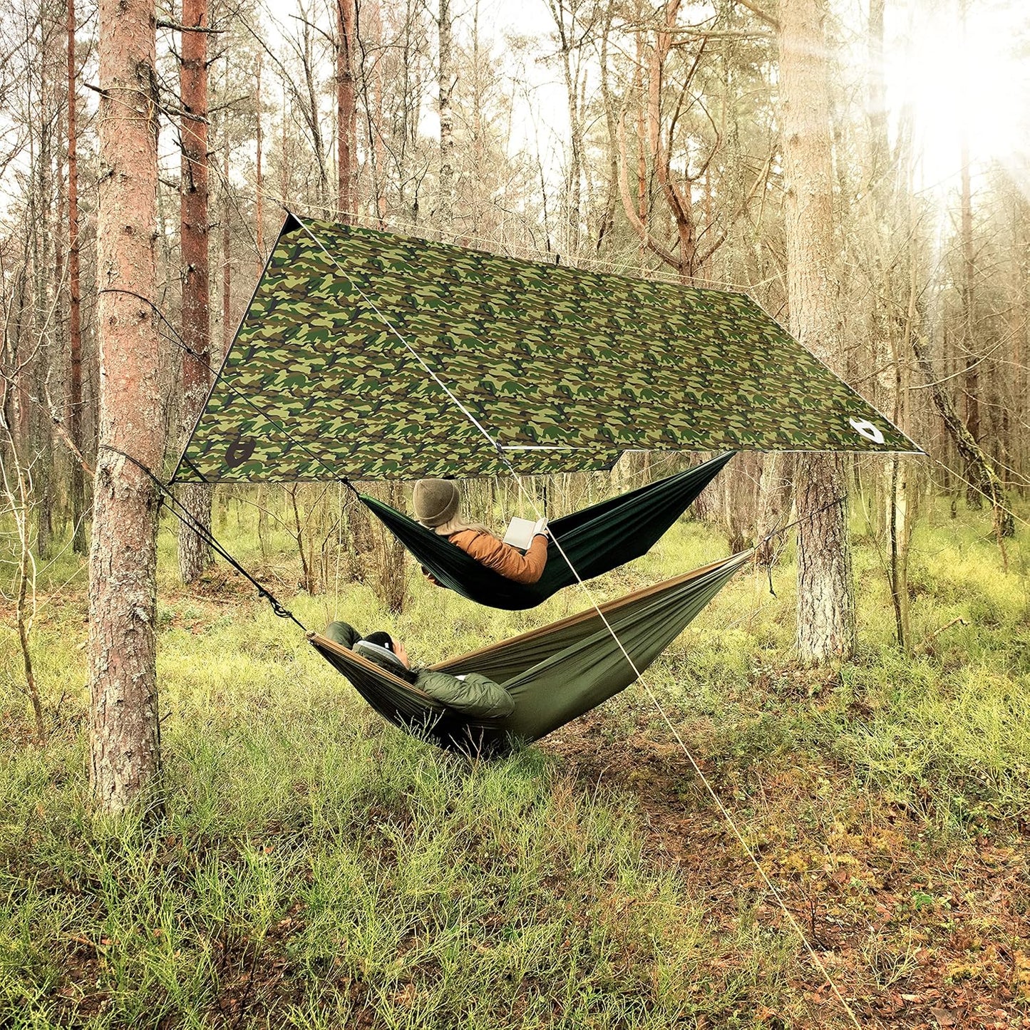 Rain Fly 10X10 Lightweight Survival Camping Tarp; 100% Waterproof; Makes a Great Backpacking Tarp or Hammock Shelter; Comes in Multiple Colors, Survival Bracelet Included; Camo