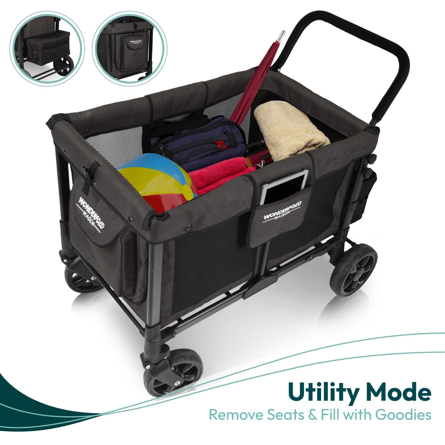 W4 Original Stroller Wagon (4 Seater) - Collapsible Wagon Stroller with Seats with 5-Point Harnesses, Easy Access Zipper Door, and Removable Sun Canopy, Black