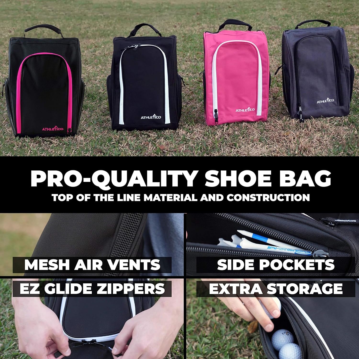 Golf Shoe Bag - Zippered Shoe Carrier Bags with Ventilation & outside Pocket for Socks, Tees, Etc. (Gray)